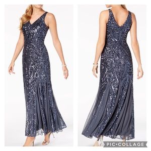 Night Way Collections Charcoal Navy Sequin V-Neck Gown